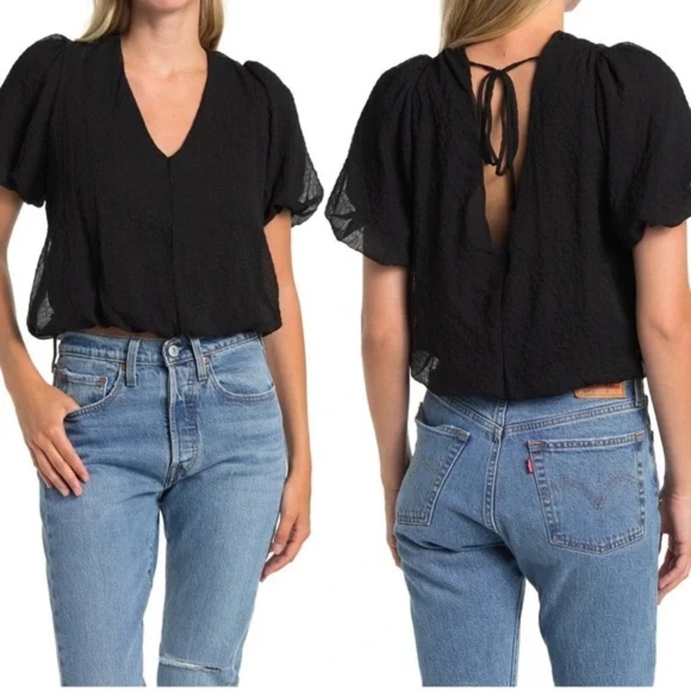 Astr - Black Cropped Bubble Blouse w/ Adjustable back-tie